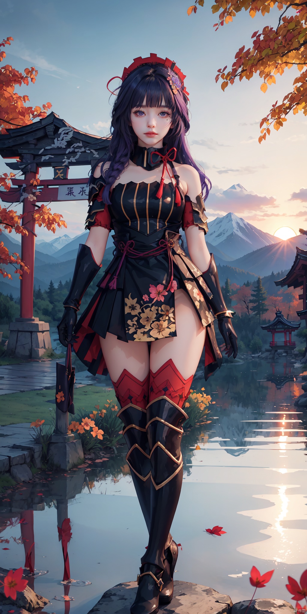  masterpiece, best quality, 
yingwu,1girl,raiden mei,gloves,long hair,gloves,thighhighs,dress,petals,purple hair,armor,bangs,hair ornament,
masterpiece, best quality, standing at a torii gate with autumn trees in the background, sunset over mountains and lake, serene expression, shallow water reflecting the sky,
