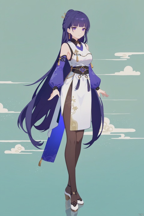  line art,line style,as style,best quality,masterpiece,
 The image features a Q version of cute cartoon girl wearing ancient costume, simple pattern, full body portrait, standing pose, legs straight, hands on both sides, minimalist painter style, ancient Chinese style, vector illustration, clean background
2nd clothes, houbeng, white dress, raiden mei, 1girl, long hair, purple eyes, pantyhose, purple hair,bangs,
