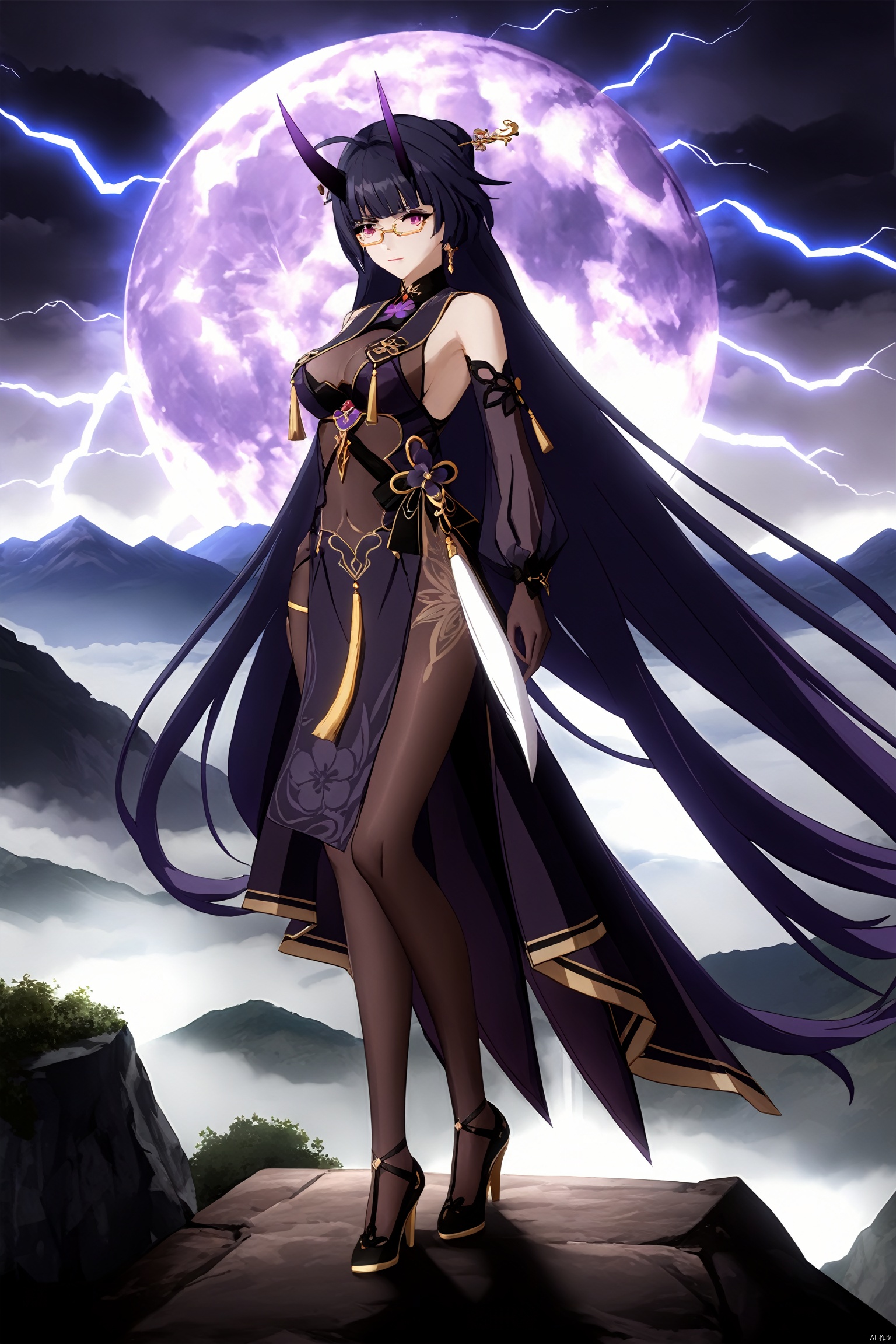  core_9,score_8_up,score_7_up,best quality,masterpiece,source_anime,8k,(ultra-detailed),,
1st clothes, chunlan, chinese clothes, purple horns, 1girl, raiden mei, purple eyes, long hair, purple gloves, bangs, purple hair, glasses, high heels, hair ornament, earrings, china dress, pantyhose,
wabstyle, glowing, glowing eyes, fog, mist, purple, black, split theme, two-tone, moon, 1 girl, solo, glow, crie um prompt para criar imagens ilustrando Deus descendo no monte Sinal, quero imagen ultra realista e em 4k "Imagine an epic, ultra-realistic scene in 4K: Deus desce do Monte Sinai em meio a uma tempestade impressionante. The mountain is covered in lightning and dark clouds as lightning lights up the sky. goddess is surrounded by a divine aura, Its majestic figure slowly descends towards the earth, com um manto que parece feito de estrelas cintilantes. As she descends, The surrounding landscape is bathed in a heavenly light, And the people below look on with reverence and admiration.", (photorealistic:1.4), cowboy shot, Surrealism, Futurism, god rays, Sony FE GM, UHD, masterpiece, ccurate, high details, high quality, highres, 16k