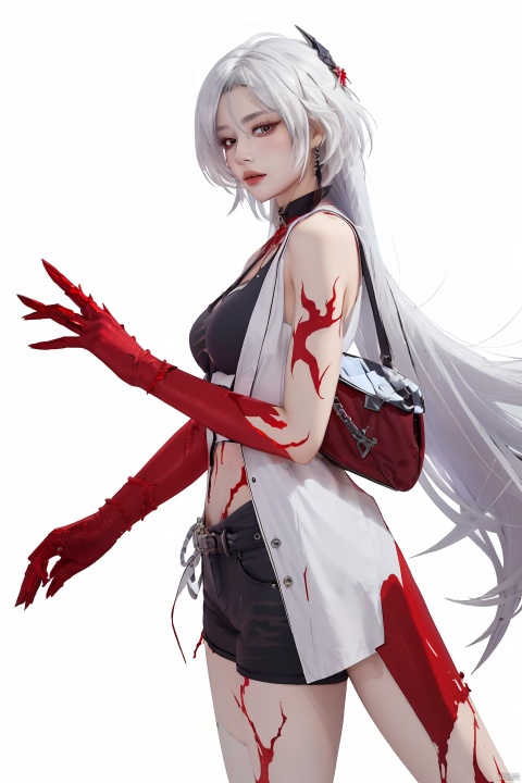  masterpiece, best quality,1girl, alternate costume, solo, bag, looking at viewer, blush, plaid, charm (object), bag charm, bangs, contemporary, sidelocks, jewelry, character name, female woman, white background, 
\\\\\\\\\\\,
(whuangquan:1.2),white hair,asymmetrical clothes,(bloody hand,red hand:1.35) eyes,long hair,hair over one eye,shorts,
, jijianchahua
