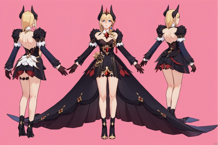  8k, best quality, masterpiece, (ultra-detailed:1.1), (high detailed skin),
(full body),
,,
dyl,1girl,blonde hair,gloves,blue eyes,horns,breasts,blackgloves,blackdress,blacksinglethighhigh,earrings,jewelry,
///////////////////////////////
clothesviews, Different clothes, Dress-up display, multiple views, looking_at_viewer,full body, back ,pink background,
\\\\\\\\\\\\\\\\\\\\\\