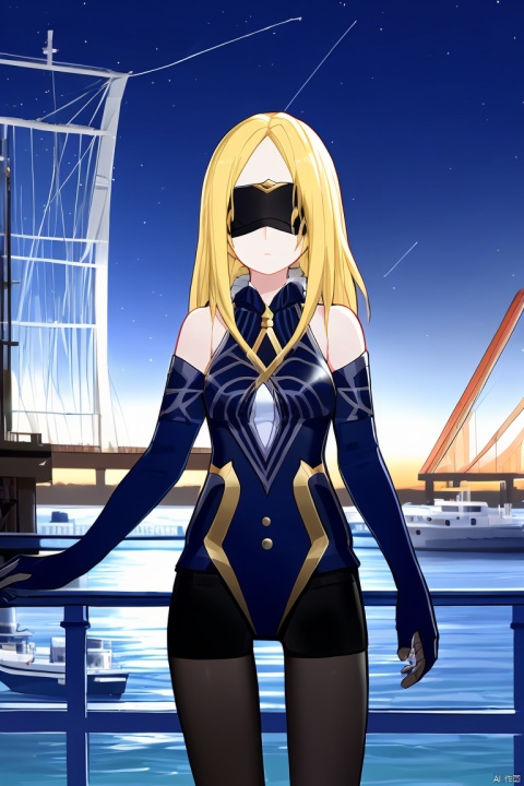  1girl,standing in the harbor,night,cargo,best quality,wind,extremely detailed,masterpiece,very aesthetic
qianren,1girl,blonde hair,pantyhose,(joints:1.2),blindfold,gloves,