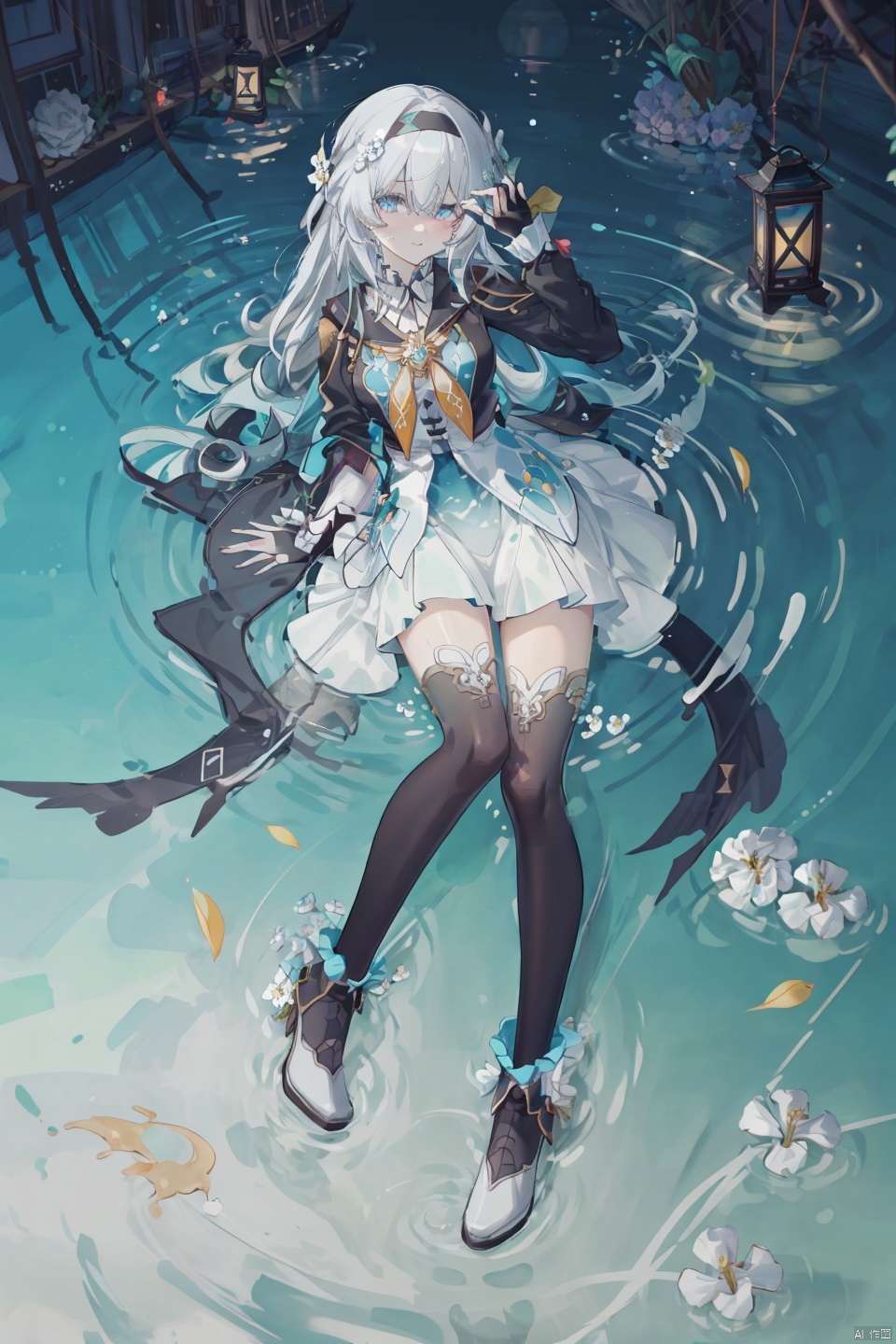  masterpiece, best quality,1girl, alternate costume, 
\\\\\\\\\
 1girl, solo,  flower, lantern, water, ripples, bangs, white_flower, looking_at_viewer, full_body, copyright_name, reflection, lying,
\\\\\\\\\\\,
liuying,def clothe,1girl,black thighhighs,blue eyes,hairband,long hair,black hairband,fingerlessgloves,skirt,
