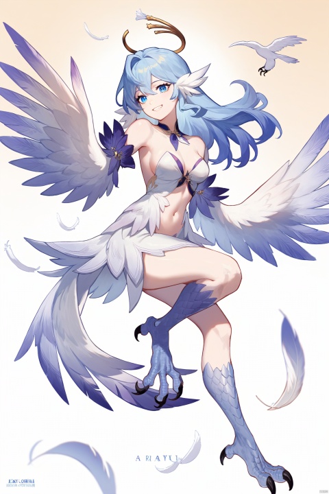  score_9, score_8_up, score_7_up, score_6_up,
zgn,1girl,long hair,halo,blue eyes,gloves,bangs,white dress,bare shoulders,blue hair,blue footwear,
jijia, 2d, anime, 1girl, Birdwoman, wings,Harpy,solo, claws, tail, breasts, feathers, scales, talons, smile, monster girl, full body, navel, gradient, gradient background, personification, medium breasts, animal feet, teeth, signature, an illustration of a woman in an animal suit

