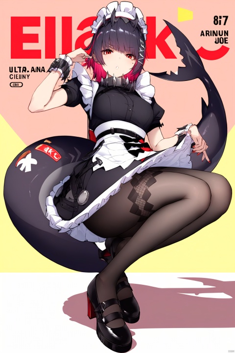  8k,best quality,masterpiece,(ultra-detailed),(high detailed skin),
magazine, (cover-style:1.1), fashionable, vibrant, outfit, posing, front, colorful, solo, looking at viewer, 
Ellen Joe, maid, shark tail, (shark girl:0.5), 1girl, red eyes, tail, pantyhose, multicolored hair, black footwear, short sleeves, apron, wrist cuffs, maid headdress,