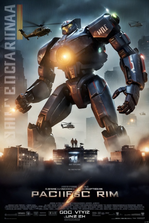  best quality,masterpiece,8k,(ultra-detailed),jijia, 3d, CG, robot, mecha, science fiction, realistic, no humans, english text, aircraft, damaged, helicopter, rain, lights,a movie poster with a giant robot on it,a poster for a movie about an alien, and an alien is coming to attack people