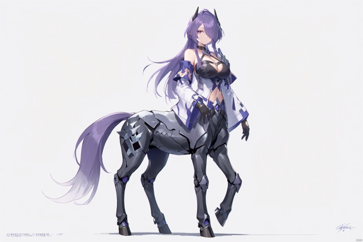  score_9, score_8_up, score_7_up, score_6_up,jijia,2d,anime, taur, 1girl, monster girl, solo, breasts, long hair, centaur, full body, looking at viewer, sidelocks, large breasts, standing, multiple legs, grey background, mechanical legs, horse tail, tail, centauroid,empty hands,artist signature,no weapon,
huangquan, def clothe, 1girl, long hair, purple eyes, purple hair, hair over one eye, breasts, boots, black gloves, black s horts, cleavage,  long sleeve,