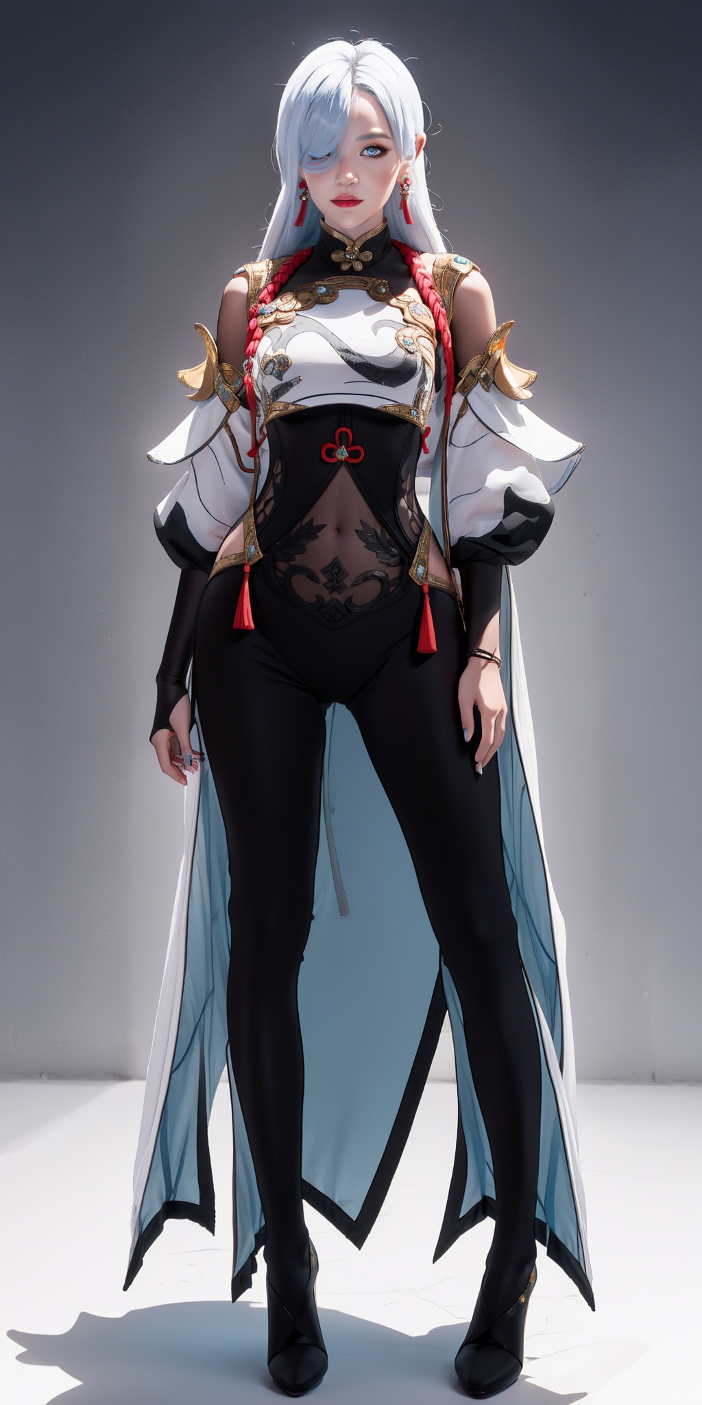  masterpiece, best quality, shenhe,shenhe \(genshin impact\), full body, silver long hair, hair ornament,bodysuit,breasts contain,blue eyes, braid, earrings, gloves, hair ornament, (hair over one eye:1.2), jewelry, long hair, looking at viewer, medium breasts, navel,solo,
grey background, full_body,high heels, 1girl, shenhe, chinese clothes