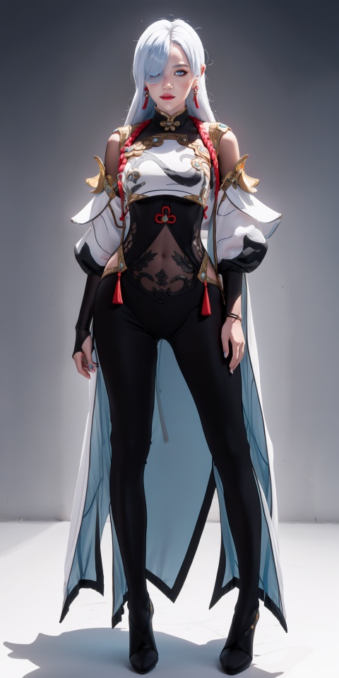  masterpiece, best quality, shenhe,shenhe \(genshin impact\), full body, silver long hair, hair ornament,bodysuit,breasts contain,blue eyes, braid, earrings, gloves, hair ornament, (hair over one eye:1.2), jewelry, long hair, looking at viewer, medium breasts, navel,solo,
grey background, full_body,high heels, 1girl, shenhe, chinese clothes