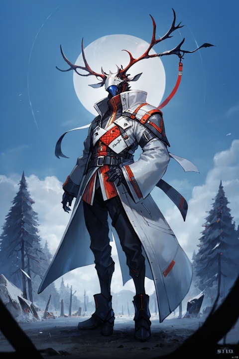 score_9, score_8_up, score_7_up, score_6_up,jijia, 2d, anime, antlers, standing, planted, solo, planted sword, weapon, coat, outdoors, horns, sword, full body, 1other, 1boy,a painting of a man in a long coat standing in front of a circle,a painting of an alien looking guy in armor