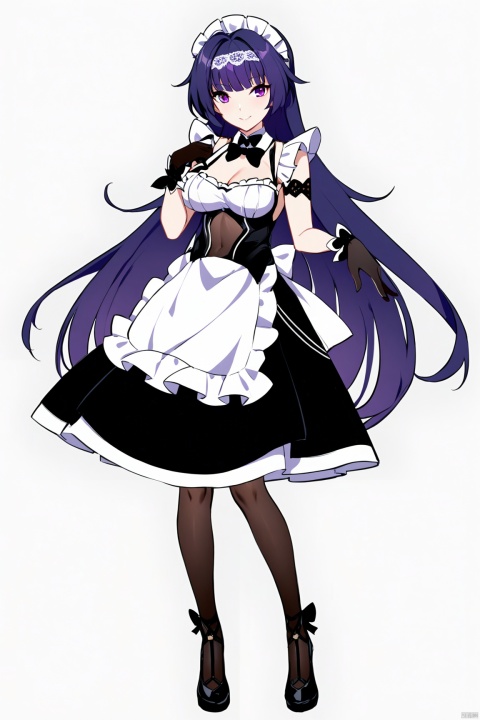  quality,masterpiece, aiden mei, 1girl, long hair, purple eyes, purple hair,bangs,Maid outfit,Maid Dress, apron, lace headband, knee-high socks, lace gloves, bow tie, standing,posing,white background,simple background,full body,smile,

