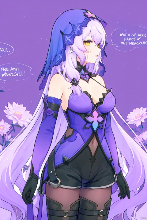  Revised sentence: "A solo girl . She has parted lips and is looking at the viewer from the side profile while standing against a simple purple background with a purple flower. Her upper body, which has English text on it. Additionally, she has bangs and another hair flower."
hte,1girl,long hair,boots,purple hair,black gloves,veil,cleavage,pantyhose,large breasts,shorts,yellow eyes, 2girls