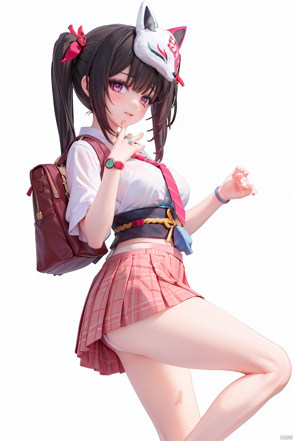  masterpiece, best quality,1girl, school uniform, alternate costume, solo, skirt, bag, necktie, multicolored hair, hair ornament, looking at viewer, blush, plaid skirt, school bag, plaid, charm (object), bag charm, cross-shaped pupils, bangs, contemporary, braid, hair between eyes, grey hair, sidelocks, jewelry, pleated skirt, green skirt, white shirt, green necktie, collared shirt, character name, female child, white background, leaf hair ornament, 

huahuo, 1girl, single_glove, mask on head, sash, black hair, twintails, purple eyes, obi, (fox mask:1.1), single glove,(Cherry blossom tattoo, chest tattoo:1.1),school_uniform,school_girl,school_uniforms,black_hair
