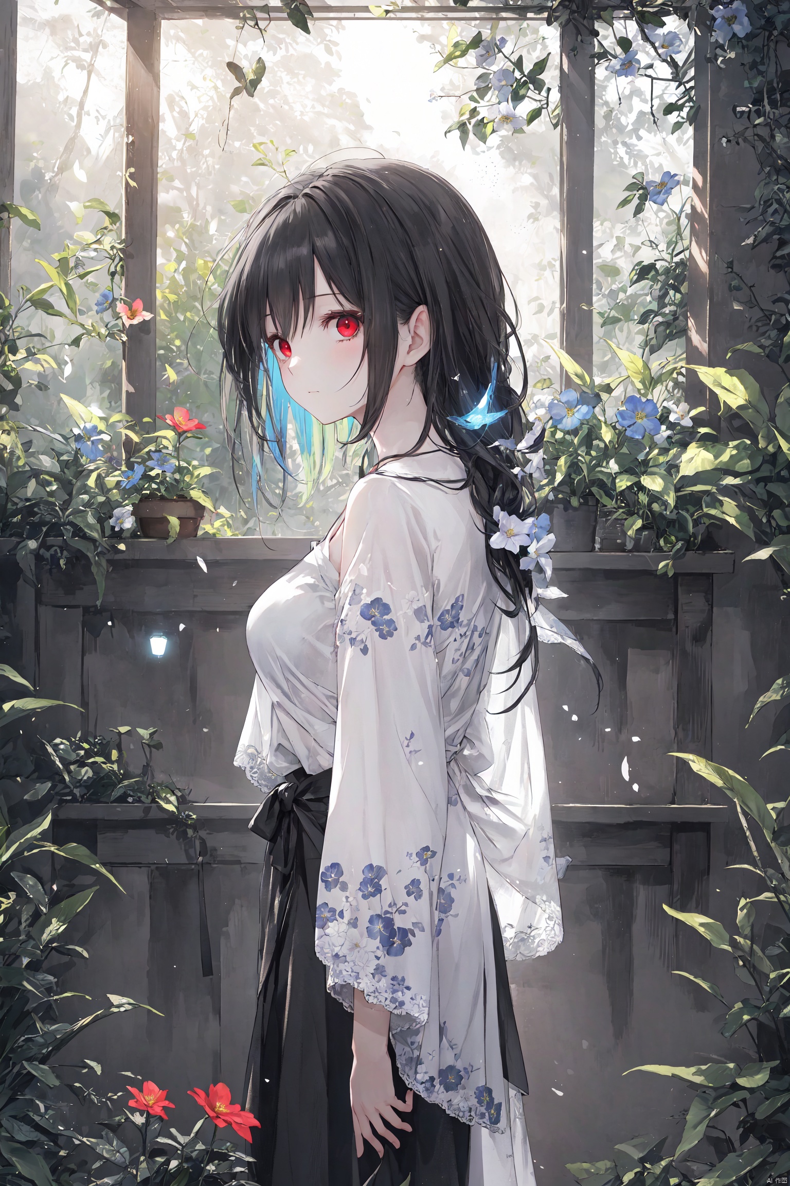 ```
(ethereal presence:1.5), (red eyes:1.2), (long black hair), (sheer clothing:1.1), (standing in a vibrant flower field), (moderately sized breasts), (visible collarbones), (suggestive transparency of skin), (high-quality visual fidelity), (illuminated left side of the image:1.3), (darker, more mysterious right side), (soft gradient of light), (warm sunlight from the left), (cooler, shaded tones on the right), (variety of flowers in bloom), (whispering grasses), (delicate floral scents), (subtle use of chiaroscuro), (natural and relaxed posture), (serene expression), (harmony with the natural surroundings), (gentle breeze interaction with hair and clothing), (slight glow on the skin), (intriguing interplay of light and shadow), (depth and dimension in the scene), (golden hour effect on the left side), (cooler, contrasting tones on the right), (highlights and lowlights to accentuate form), (moment of quiet reflection), (connection to the beauty of nature)
```