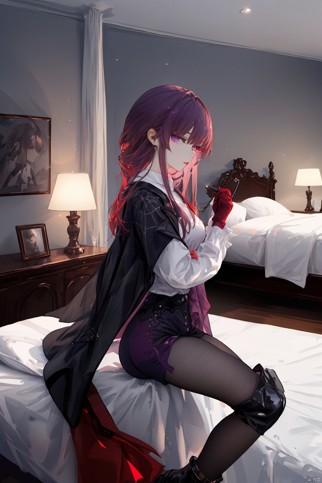  Revised sentence: "A solo girl . She has parted lips and is looking at the viewer from the side profile while standing against a detailed bedroom background.Her whole body.She's sitting on her bed and spreading her leg,with a red sword in her hand."
1girl,long hair,purple hair,lace_pantyhose,big breasts,short_pants,white shirt,black coat,purple_eyes,(leg_lspread:1.3),black boots