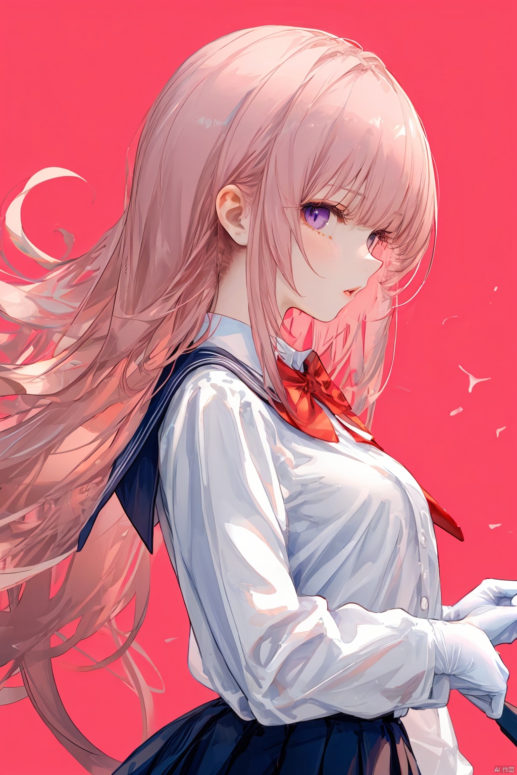  Revised sentence: "A solo girl . She has parted lips and is looking at the viewer from the side profile while standing against a simple pink background.Her whole body.She's wearing school uniform."
1girl,long hair,pink hair,white gloves,pantyhose,middle breasts,skirt,purple eyes,