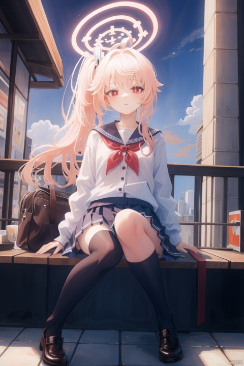  (masterpiece,best quality,high quality:1.4),1080P,1girl,(white 
school uniform:1.2),detailed clothes,detailed skirt,detailed_city_background,pink hair,side_ponytail,black thighhighs,red eyes, backlight,(loli),natsudef,crouched