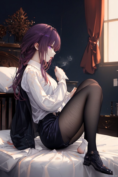  Revised sentence: "A solo girl . She has parted lips and is looking at the viewer from the side profile while standing against a detailed bedroom background.Her whole body.She's sitting on her bed and spreading her leg,DoUnder."
1girl,long hair,purple hair,lace_pantyhose,big breasts,short_pants,white shirt,black coat,purple_eyes,(leg_lspread:1.3)(female masturbation:1.3)