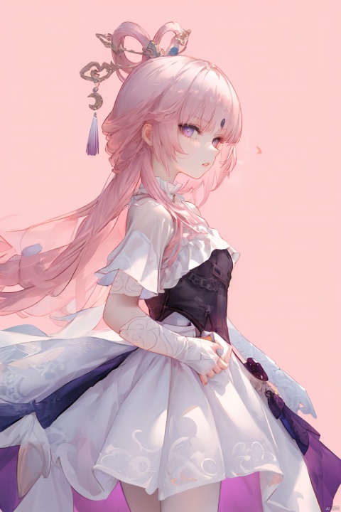  Revised sentence: "A solo girl . She has parted lips and is looking at the viewer from the side profile while standing against a simple pink background.Her whole body.She's lifting her skirt."
1girl,long hair,pink hair,white gloves,pantyhose,middle breasts,skirt,purple eyes, fuxuan