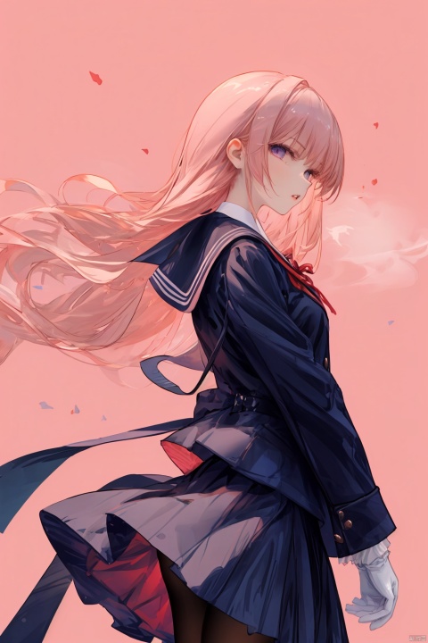  Revised sentence: "A solo girl . She has parted lips and is looking at the viewer from the side profile while standing against a simple pink background.Her whole body.She's wearing school uniform."
1girl,long hair,pink hair,white gloves,pantyhose,middle breasts,skirt,purple eyes,