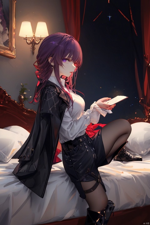  Revised sentence: "A solo girl . She has parted lips and is looking at the viewer from the side profile while standing against a detailed bedroom background.Her whole body.She's sitting on her bed and spreading her leg,with a red sword in her hand."
1girl,long hair,purple hair,lace_pantyhose,big breasts,short_pants,white shirt,black coat,purple_eyes,(leg_lspread:1.3),black boots