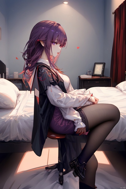  Revised sentence: "A solo girl . She has parted lips and is looking at the viewer from the side profile while standing against a detailed bedroom background.Her whole body.She's sitting on her bed and spreading her leg,DoUnder."
1girl,long hair,purple hair,lace_pantyhose,big breasts,short_pants,white shirt,black coat,purple_eyes,(leg_lspread:1.3)(female mastu:1.5)