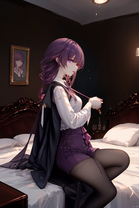  Revised sentence: "A solo girl . She has parted lips and is looking at the viewer from the side profile while standing against a detailed bedroom background.Her whole body.She's sitting on her bed and spreading her leg,DoUnder."
1girl,long hair,purple hair,lace_pantyhose,big breasts,short_pants,white shirt,black coat,purple_eyes,(leg_lspread:1.3)(female mastu:1.3)