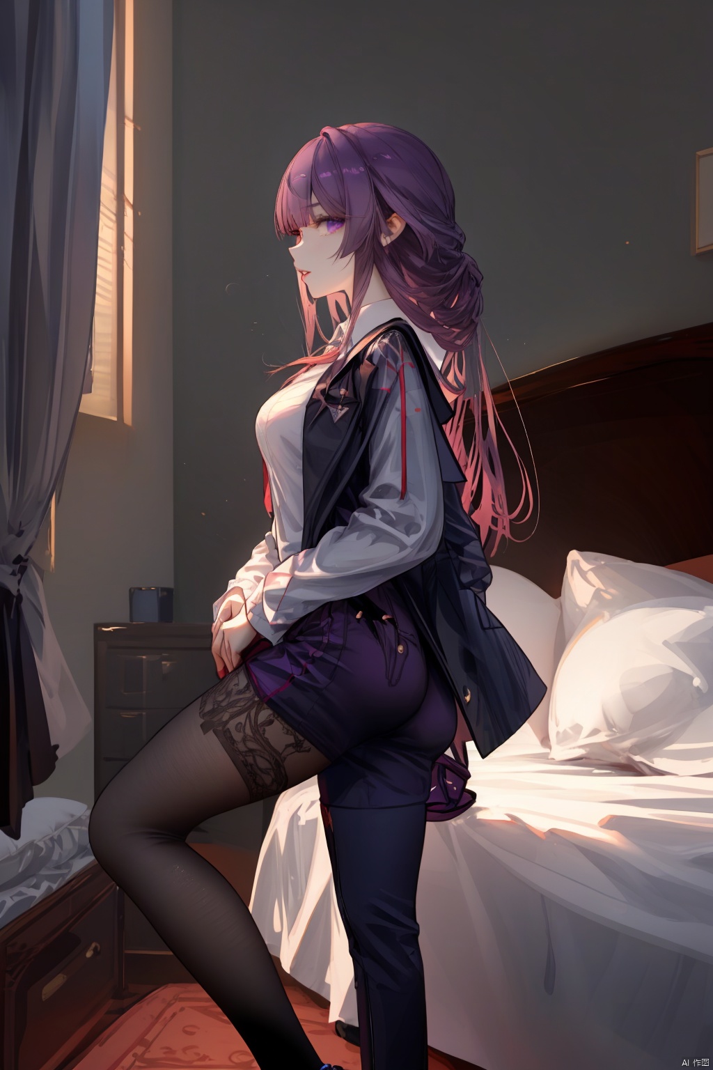  Revised sentence: "A solo girl . She has parted lips and is looking at the viewer from the side profile while standing against a detailed bedroom background.Her whole body.She's sitting on her bed and spreading her leg,DoUnder."
1girl,long hair,purple hair,lace_pantyhose,big breasts,short_pants,white shirt,black coat,purple_eyes,(leg_lspread:1.3)(female mastu:1.5)