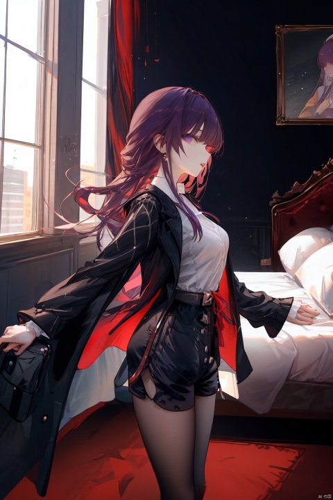  Revised sentence: "A solo girl . She has parted lips and is looking at the viewer from the side profile while standing against a detailed bedroom background.Her whole body.She's sitting on her bed and spreading her leg,taking off her shorts."
1girl,long hair,purple hair,lace_pantyhose,big breasts,short_pants,white shirt,black coat,purple_eyes,(leg_lspread:1.3),(taking off the shorts:1.3)