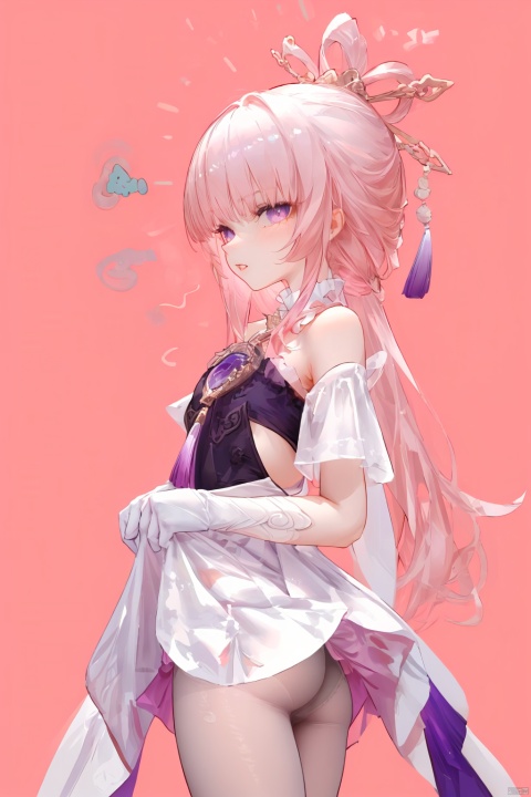  Revised sentence: "A solo girl . She has parted lips and is looking at the viewer from the side profile while standing against a simple pink background.Her whole body.She's lifting her skirt."
1girl,long hair,pink hair,white gloves,pantyhose,middle breasts,skirt,purple eyes, fuxuan,pink underpants,blush