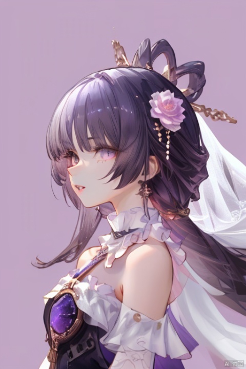  Revised sentence: "A solo girl . She has parted lips and is looking at the viewer from the side profile while standing against a simple purple background with a purple flower. Her upper body, which has English text on it. Additionally, she has bangs and another hair flower."
hte,1girl,long hair,high_heels,black hair,black gloves,veil,white pantyhose,middle breasts,skirt,pink eyes, fuxuan
