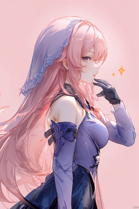  Revised sentence: "A solo girl . She has parted lips and is looking at the viewer from the side profile while standing against a simple pink background.Her whole body.She's lifting her skirt."
1girl,long hair,pink hair,white gloves,pantyhose,middle breasts,skirt,purple eyes,