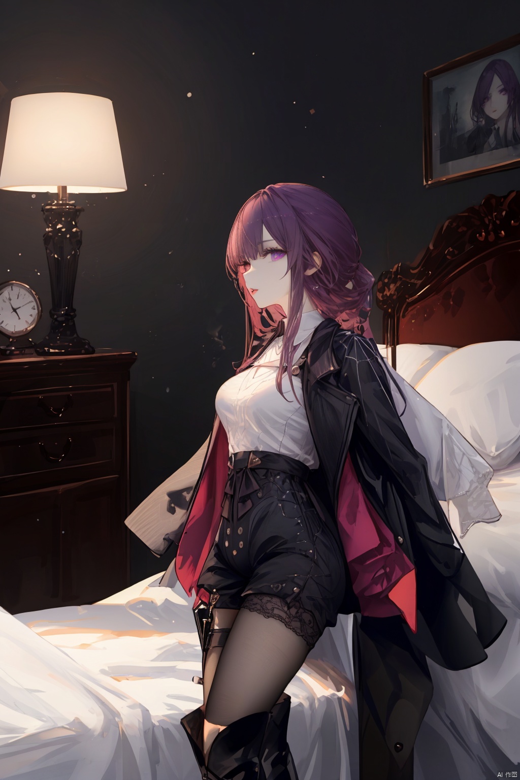  Revised sentence: "A solo girl . She has parted lips and is looking at the viewer from the side profile while standing against a detailed bedroom background.Her whole body.She's sitting on her bed and spreading her leg,with her underpants exposed."
1girl,long hair,purple hair,lace_pantyhose,big breasts,short_pants,white shirt,black coat,purple_eyes,(leg_lspread:1.3),black boots