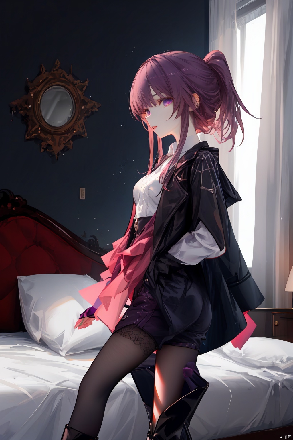  Revised sentence: "A solo girl . She has parted lips and is looking at the viewer from the side profile while standing against a detailed bedroom background.Her whole body.She's sitting on her bed and spreading her leg,with her hands behind back."
1girl,long hair,purple hair,lace_pantyhose,big breasts,short_pants,white shirt,black coat,purple_eyes,(leg_lspread:1.3),one black boot,small ponytail