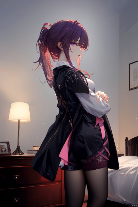  Revised sentence: "A solo girl . She has parted lips and is looking at the viewer from the side profile while standing against a detailed bedroom background.Her whole body.She's sitting on her bed and spreading her leg,with her hands behind back."
1girl,long hair,purple hair,lace_pantyhose,big breasts,short_pants,white shirt,black coat,purple_eyes,(leg_lspread:1.3),one black boot,small ponytail