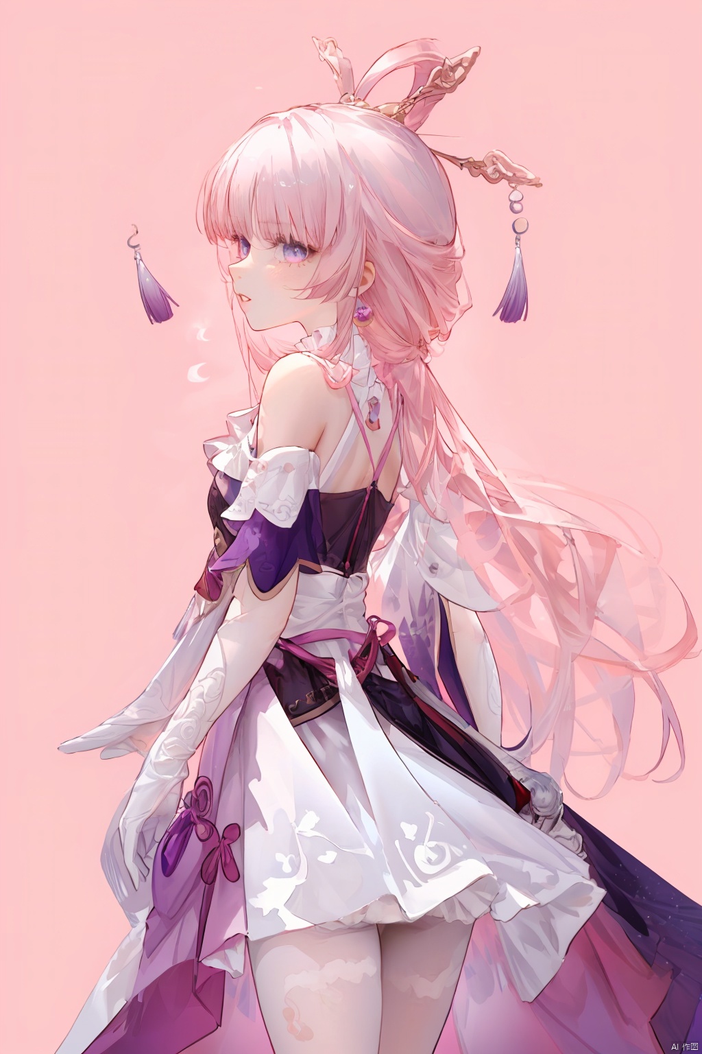  Revised sentence: "A solo girl . She has parted lips and is looking at the viewer from the side profile while standing against a simple pink background.Her whole body.She's lifting her skirt."
1girl,long hair,pink hair,white gloves,pantyhose,middle breasts,skirt,purple eyes, fuxuan,pink underpants,blush