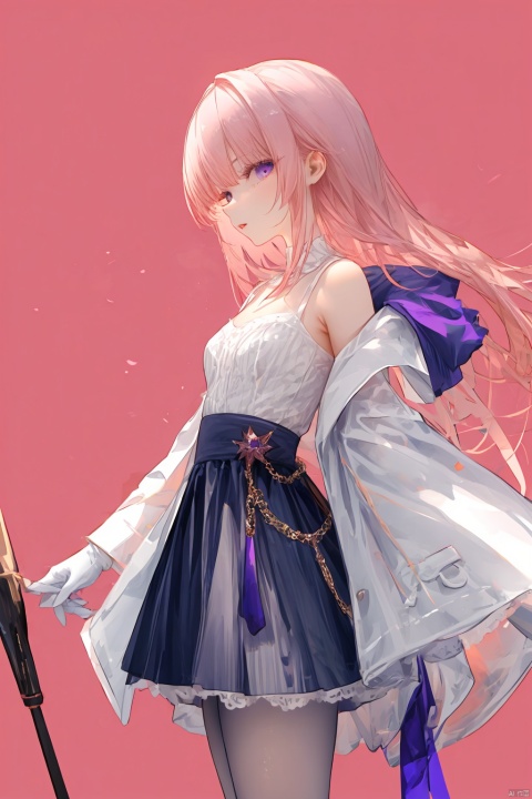  Revised sentence: "A solo girl . She has parted lips and is looking at the viewer from the side profile while standing against a simple pink background.Her whole body.She's rubbing her breasts."
1girl,long hair,pink hair,white gloves,pantyhose,middle breasts,skirt,purple eyes,