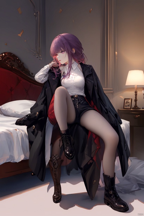  Revised sentence: "A solo girl . She has parted lips and is looking at the viewer from the side profile while standing against a detailed bedroom background.Her whole body.She's sitting on her bed and spreading her leg,with her underpants exposed."
1girl,long hair,purple hair,lace_pantyhose,big breasts,short_pants,white shirt,black coat,purple_eyes,(leg_lspread:1.3),black boots