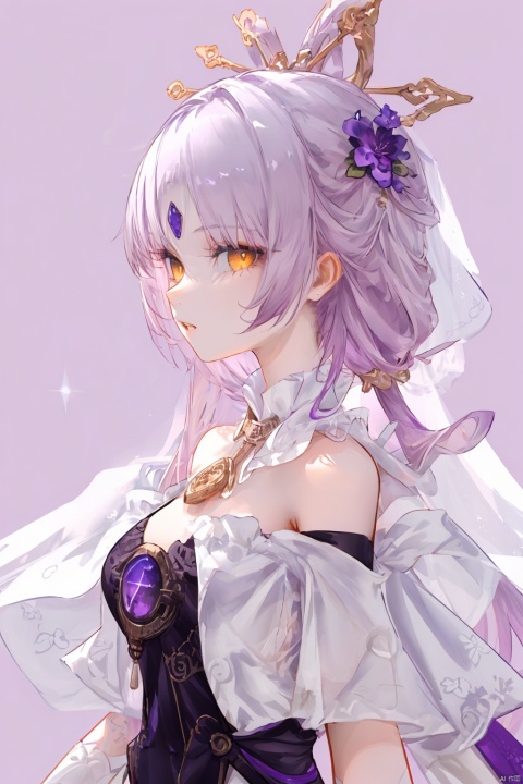  Revised sentence: "A solo girl . She has parted lips and is looking at the viewer from the side profile while standing against a simple purple background with a purple flower. Her upper body, which has English text on it. Additionally, she has bangs and another hair flower."
hte,1girl,long hair,boots,purple hair,black gloves,veil,cleavage,pantyhose,large breasts,shorts,yellow eyes, fuxuan