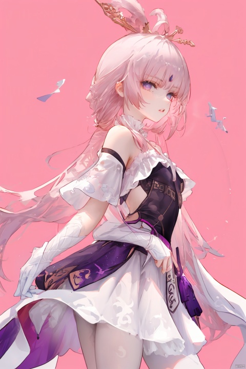  Revised sentence: "A solo girl . She has parted lips and is looking at the viewer from the side profile while standing against a simple pink background.Her whole body.She's lifting her skirt."
1girl,long hair,pink hair,white gloves,pantyhose,middle breasts,skirt,purple eyes, fuxuan