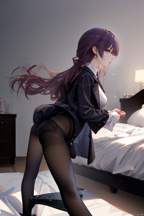  Revised sentence: "A solo girl . She has parted lips and is looking at the viewer from the side profile while standing against a detailed bedroom background.Her whole body.She's sitting on her bed and spreading her leg,taking off her pantyhose."
1girl,long hair,purple hair,lace_pantyhose,big breasts,short_pants,white shirt,black coat,purple_eyes,(leg_lspread:1.3),(taking off the pantyhose:1.6)