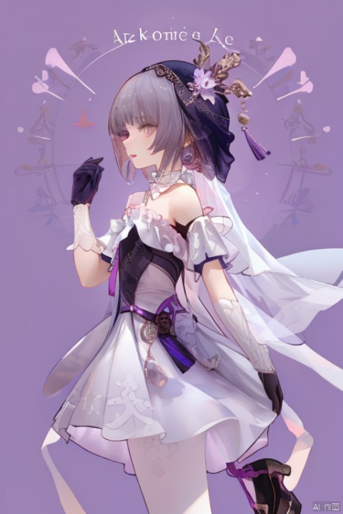 Revised sentence: "A solo girl . She has parted lips and is looking at the viewer from the side profile while standing against a simple purple background with a purple flower. Her upper body, which has English text on it. Additionally, she has bangs and another hair flower."
hte,1girl,long hair,high_heels,black hair,black gloves,veil,white pantyhose,middle breasts,skirt,pink eyes, fuxuan