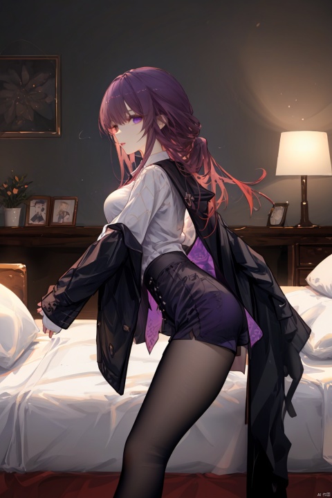  Revised sentence: "A solo girl . She has parted lips and is looking at the viewer from the side profile while standing against a detailed bedroom background.Her whole body.She's sitting on her bed and spreading her leg,taking off her shorts."
1girl,long hair,purple hair,lace_pantyhose,big breasts,short_pants,white shirt,black coat,purple_eyes,(leg_lspread:1.3),(taking off the shorts:1.3)