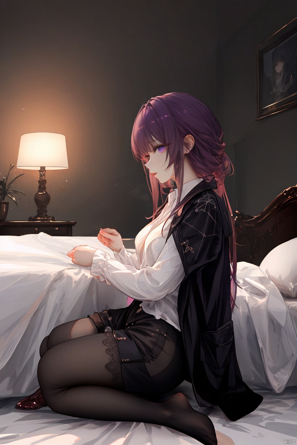  Revised sentence: "A solo girl . She has parted lips and is looking at the viewer from the side profile while standing against a detailed bedroom background.Her whole body.She's sitting on her bed and spreading her leg,DoUnder."
1girl,long hair,purple hair,lace_pantyhose,big breasts,short_pants,white shirt,black coat,purple_eyes,(leg_lspread:1.3)(female masturbation:1.3)