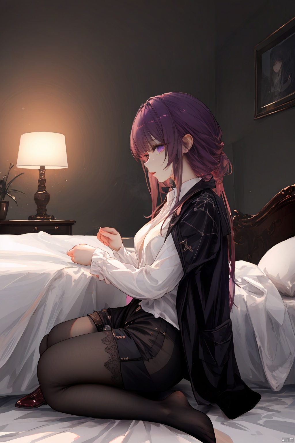  Revised sentence: "A solo girl . She has parted lips and is looking at the viewer from the side profile while standing against a detailed bedroom background.Her whole body.She's sitting on her bed and spreading her leg,DoUnder."
1girl,long hair,purple hair,lace_pantyhose,big breasts,short_pants,white shirt,black coat,purple_eyes,(leg_lspread:1.3)(female masturbation:1.3)