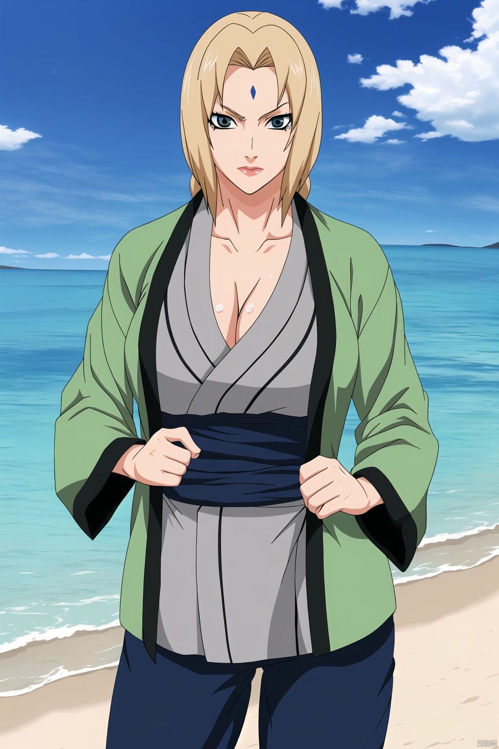  senju_tsunade, large_breasts, Grey_short_kimono_Blue_obi_Blue_pants_Green_haori, masterpiece, best quality, detailed face, detailed eyes, highres,cowboy_shot,swim_suit