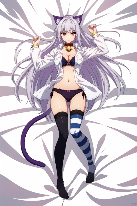 1girl, solo, long hair, thighhighs, breasts, animal ears, striped, very long hair, cleavage, cat ears, shirt, large breasts, striped thighhighs, dakimakura (medium), panties, underwear, cat tail, open clothes, full body, open shirt, bell, lying, red eyes, white hair, collar, navel, bed sheet, looking at viewer, neck bell, white shirt, dress shirt, black panties