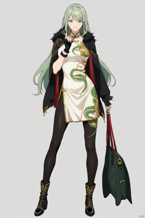  mature female, long hair, 1girl, solo, simple background, bird, grey background, full body, green hair, holding, gloves, chinese clothes, very long hair, black footwear, black gloves, green eyes, dress, looking at viewer, shawl, standing, pantyhose, breasts, fingerless gloves, white dress, wavy hair, crow, jewelry, holding bag, bangs, long sleeves, bag, smile, black nails, snake, china dress, stole, pants, boots, jacket, ribbon, closed mouth