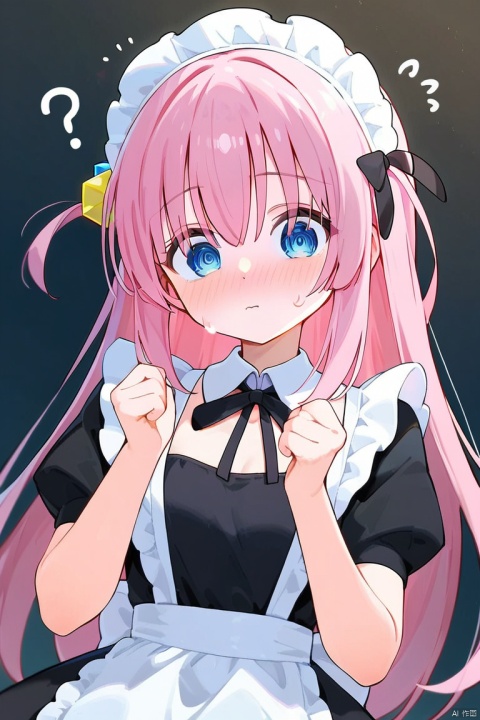  1girl, gotoh hitori, @_@, bocchi the rock!, black dress, blue eyes, cflustered, cube hair ornament, maid apron, hands up, maid headdress, panicking, sweatdrop, pink hair, solo, upper body, dynamic angle, white background, score_9, score_8_up, score_7_up, Lappland