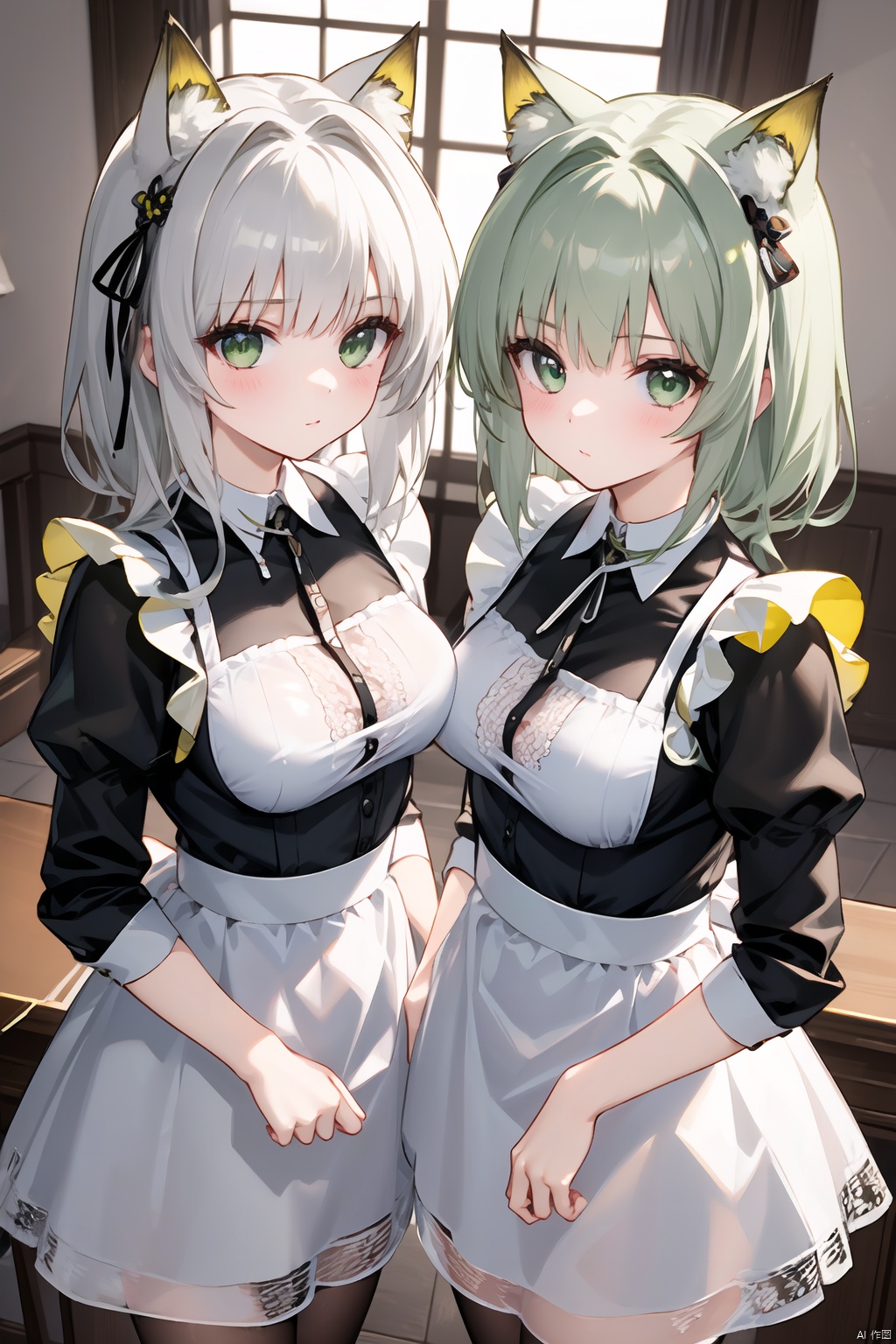  1girl,oyama_mahiro,loli, shirt, green eyes, ((poakl)), yebin, See through maid